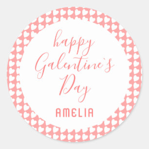 Happy Galentine`s Day Pink White Heart Pattern Cla Classic Round Sticker