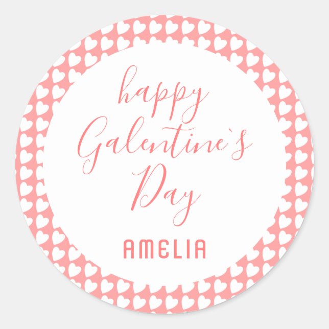 Happy Galentine`s Day Pink White Heart Pattern Cla Classic Round Sticker (Front)