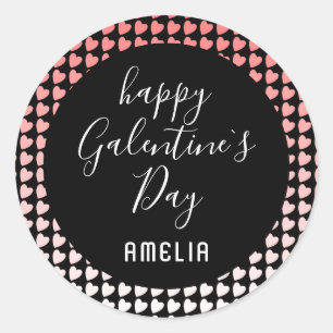 Happy Galentine`s Day Pink White Heart Pattern Classic Round Sticker