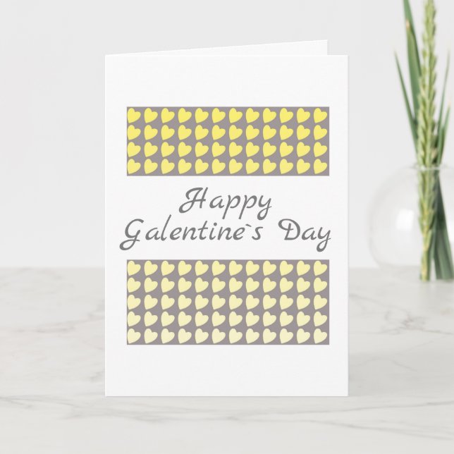 Happy Galentine`s Day Yellow Grey Heart Pattern Holiday Card (Front)