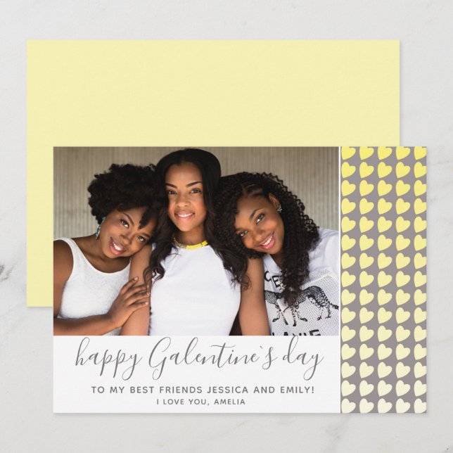 Happy Galentine`s Day Yellow Heart Photo Friend Holiday Card (Front/Back)