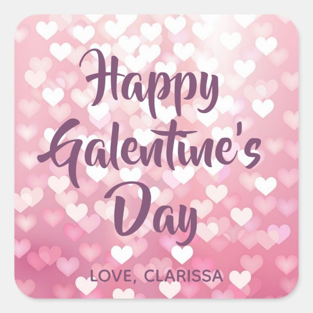 Happy Galentine’s Valentines Day Pink Hearts Square Sticker (Front)