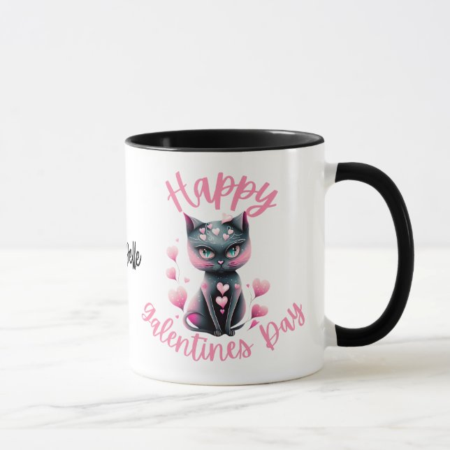 Happy Galentines Day Black and Pink Cat Coffee Mug (Right)