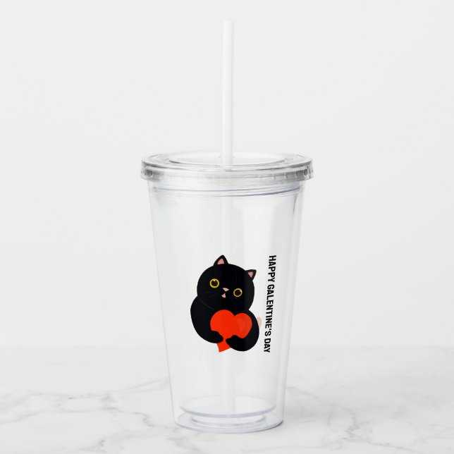 Happy Galentine's Day black kitten gives a heart Acrylic Tumbler (Front)