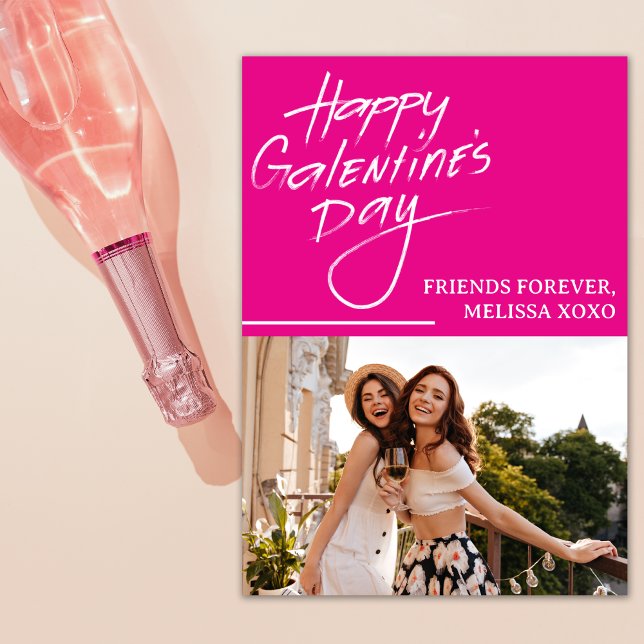 Happy Galentine's Day Hot Pink Girlfriends Photo Holiday Card (Creator Uploaded)