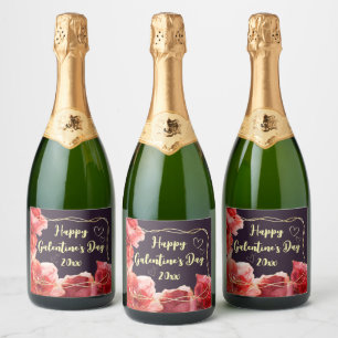 Happy Galentine's Day Moody Crimson Floral Gold   Sparkling Wine Label