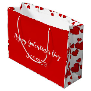 Happy Galentine's Day White and Red with Hearts Large Gift Bag
