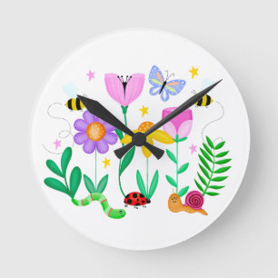 Happy Garden Creatures Round Clock