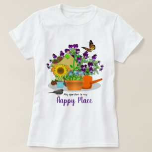 Happy Garden Flowers Bird and Butterfly White T-Shirt