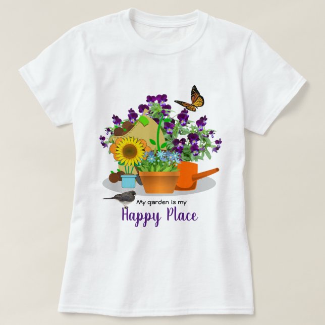 Happy Garden Flowers Bird and Butterfly White T-Shirt (Design Front)