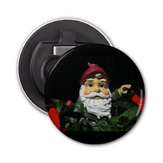 Happy Garden Gnome Button Bottle Opener (Front)