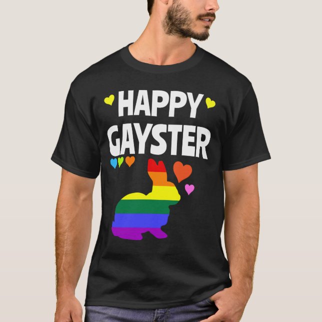 Happy Gayster Funny LGBT Gay Pride Easter Egg Hunt T-Shirt (Front)