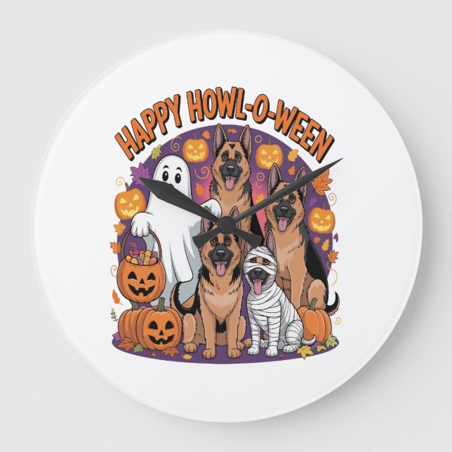 Happy German Shepherd Halloween Large Clock (Front)