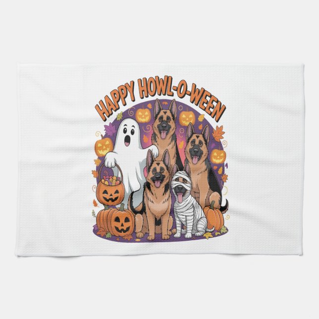 Happy German Shepherd Halloween Tea Towel (Horizontal)