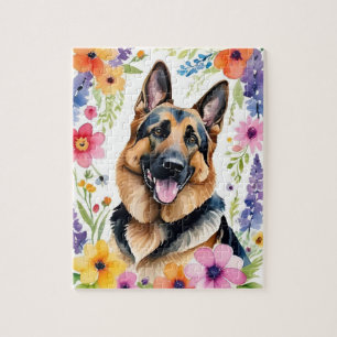 Happy German Shepherd Portrait Watercolor Animal Jigsaw Puzzle