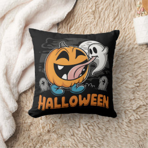 Happy ghost and pumpkin celebrating Halloween fun Cushion