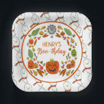 Happy Ghost Birthday Party Paper Plate<br><div class="desc">Are you celebrating a Halloween birthday this year and want a sweet, not spooky, illustrated theme for your party? These extra cute and colourful Halloween themed plates feature hand drawn festive fun! A wreath of jack o lanterns, autumn leaves, and a happy ghost surrounds your customisable details of your celebration!...</div>