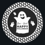 Happy Ghost, Black Halloween Party Classic Round Sticker<br><div class="desc">These stickers are perfect for anyone planning a Halloween celebration. The design features happy ghosts on the front with a tiled ghost pattern and is finished with matching editable wording. This fun design can be personalized to suit your special event and will be the perfect accessory for any Halloween themed...</div>