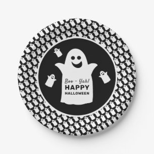 Happy Ghost, Black Halloween Party Paper Plate