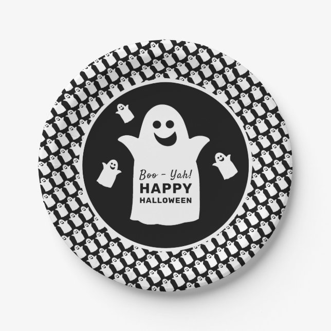 Happy Ghost, Black Halloween Party Paper Plate (Front)