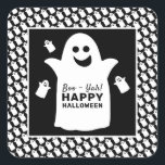Happy Ghost, Black Halloween Party Square Sticker<br><div class="desc">These stickers are perfect for anyone planning a Halloween celebration. The design features happy ghosts on the front with a tiled ghost pattern and is finished with matching editable wording. This fun design can be personalized to suit your special event and will be the perfect accessory for any Halloween themed...</div>