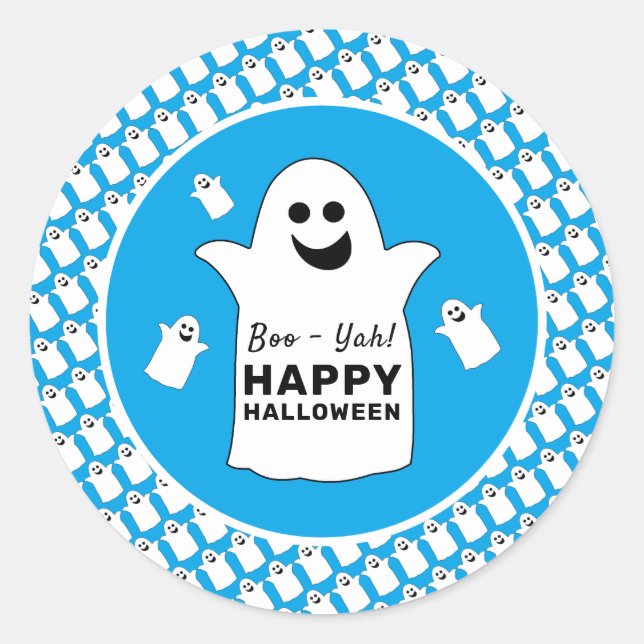 Happy Ghost, Blue Halloween Party Classic Round Sticker (Front)