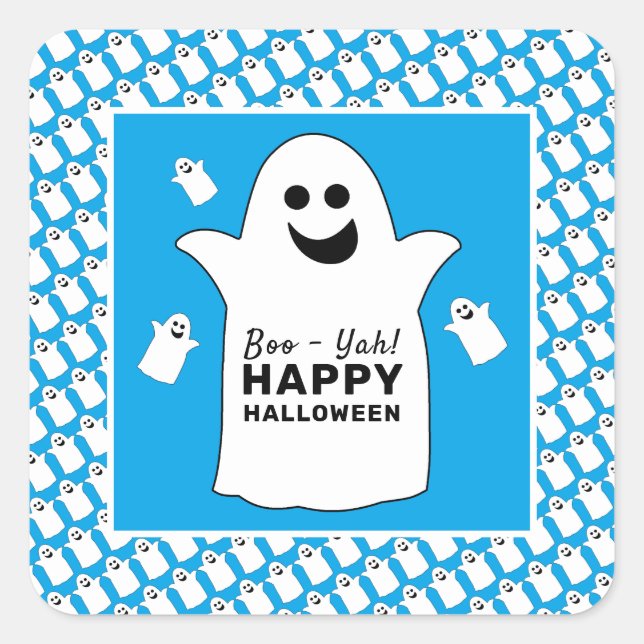 Happy Ghost, Blue Halloween Party Square Sticker (Front)