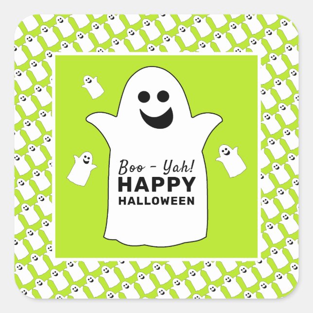Happy Ghost, Green Halloween Party Square Sticker (Front)