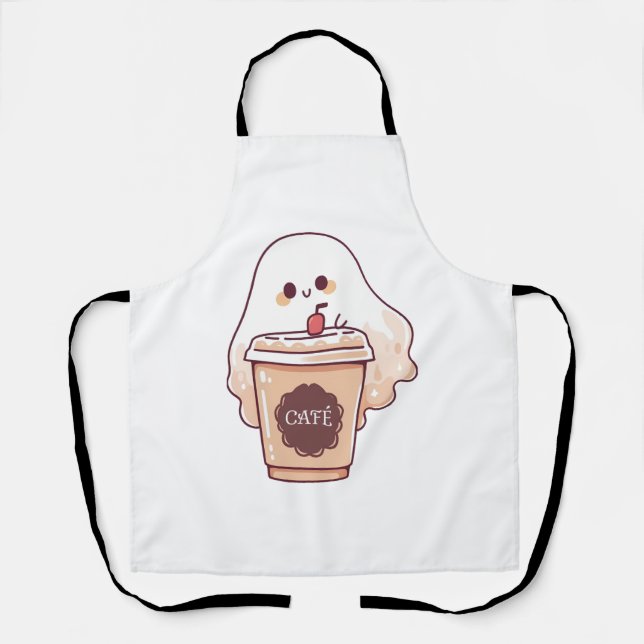 Happy Ghost Loves Coffee Sticker Apron (Front)