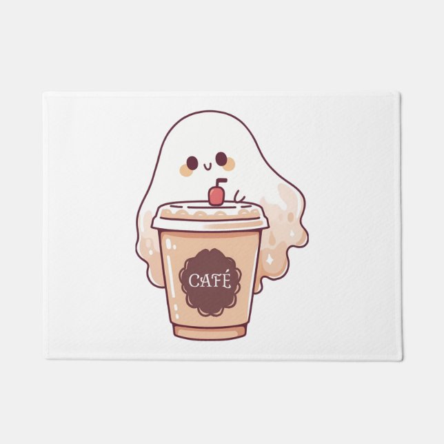 Happy Ghost Loves Coffee Sticker Doormat (Front)