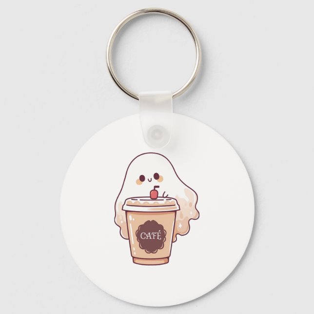 Happy Ghost Loves Coffee Sticker Key Ring (Front)