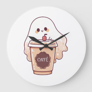 Happy Ghost Loves Coffee Sticker Large Clock