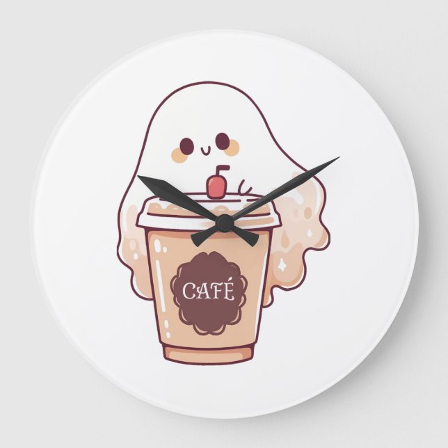 Happy Ghost Loves Coffee Sticker Large Clock (Front)
