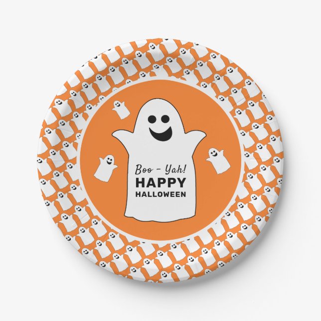 Happy Ghost, Orange Halloween Party Paper Plate (Front)