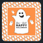 Happy Ghost, Orange Halloween Party Square Sticker<br><div class="desc">These stickers are perfect for anyone planning a Halloween celebration. The design features happy ghosts on the front with a tiled ghost pattern and is finished with matching editable wording. This fun design can be personalized to suit your special event and will be the perfect accessory for any Halloween themed...</div>
