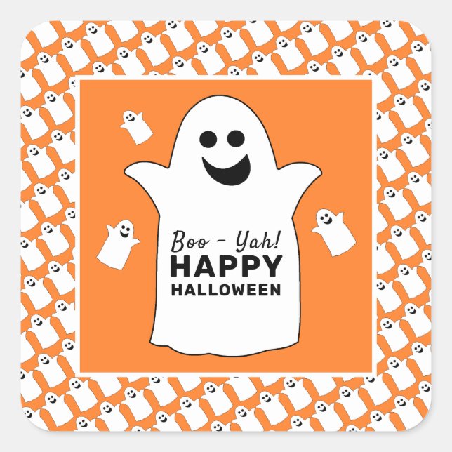 Happy Ghost, Orange Halloween Party Square Sticker (Front)