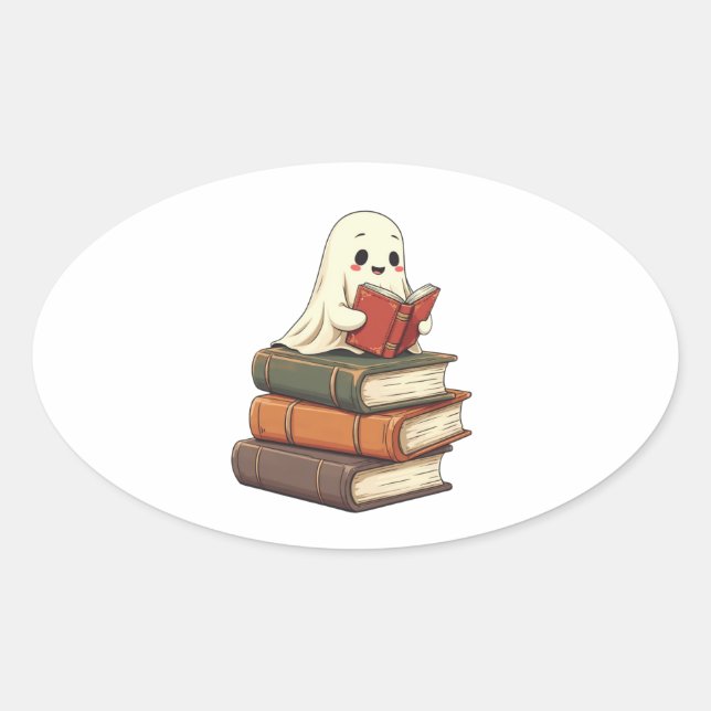 Happy Ghost Reader - Spooky Bookworm Oval Sticker (Front)