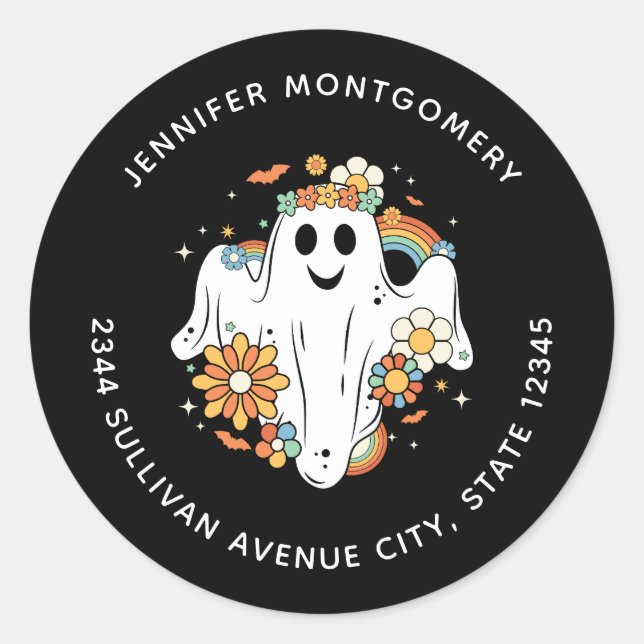 Happy Ghost Retro Hippie Vibe - Address Classic Round Sticker (Front)