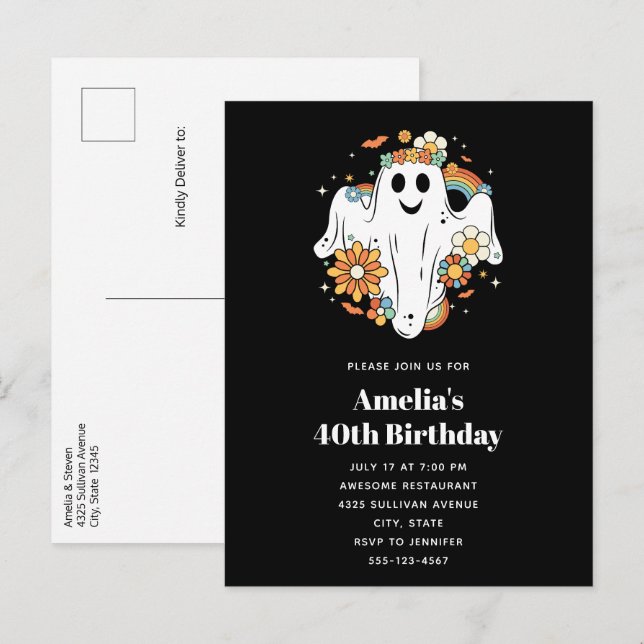 Happy Ghost Retro Hippie Vibe Birthday Invitation Postcard (Front/Back)