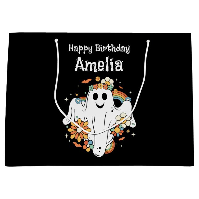 Happy Ghost Retro Hippie Vibe Birthday Large Gift Bag (Front)
