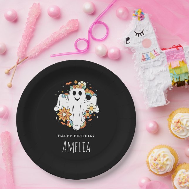 Happy Ghost Retro Hippie Vibe Birthday Paper Plate (Party)