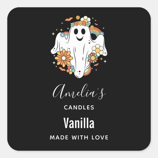 Happy Ghost Retro Hippie Vibe - Candle Business Square Sticker (Front)