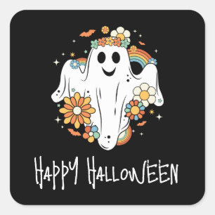 Happy Ghost Retro Hippie Vibe Halloween Square Sticker