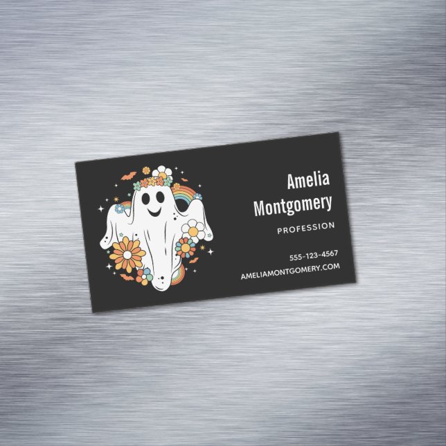 Happy Ghost Retro Hippie Vibe Magnetic Business Card (In Situ)