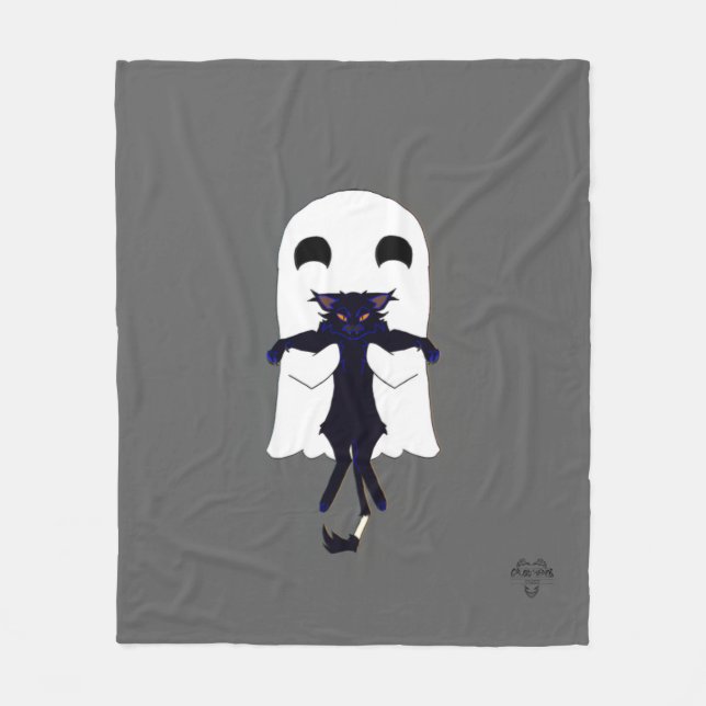 Happy Ghost & Scraggly Black Cat Fleece Throw Blanket (Front)