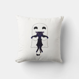 Happy Ghost & Scraggly Black Cat Throw Pillow
