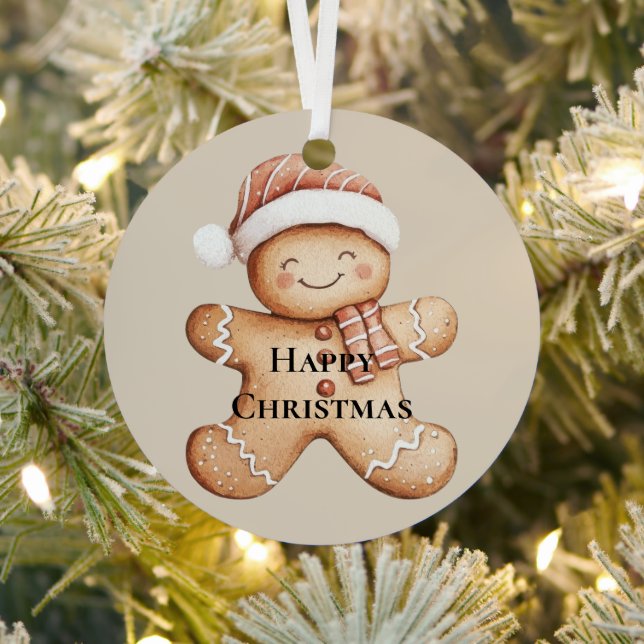 Happy Gingerbread Cookie with Santa Hat Metal Tree Decoration (Insitu)
