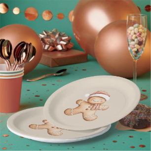 Happy Gingerbread Cookie with Santa Hat Paper Plate