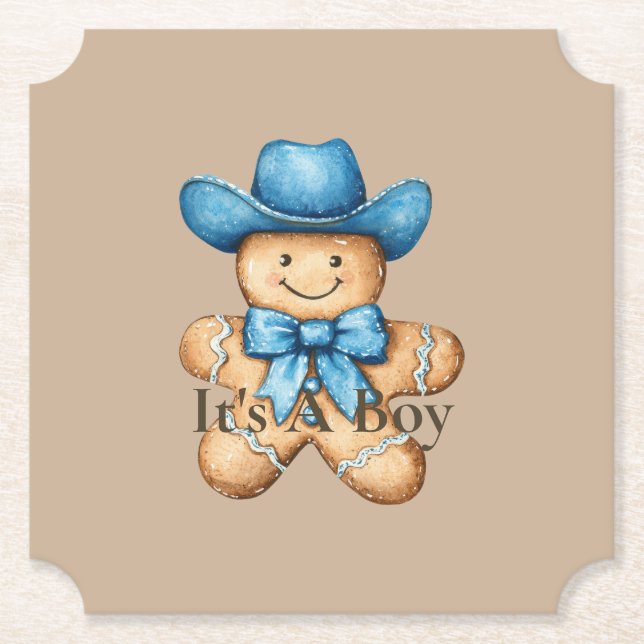 Happy Gingerbread Cowboy It's A Boy Baby Shower Paper Coaster (Front)
