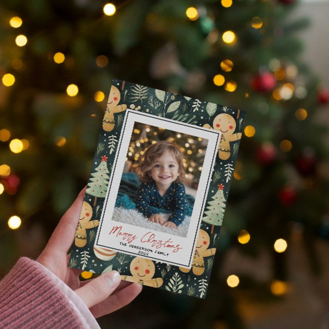 Happy Gingerbread Man Custom Christmas Photo Name Holiday Card (Creator Uploaded)